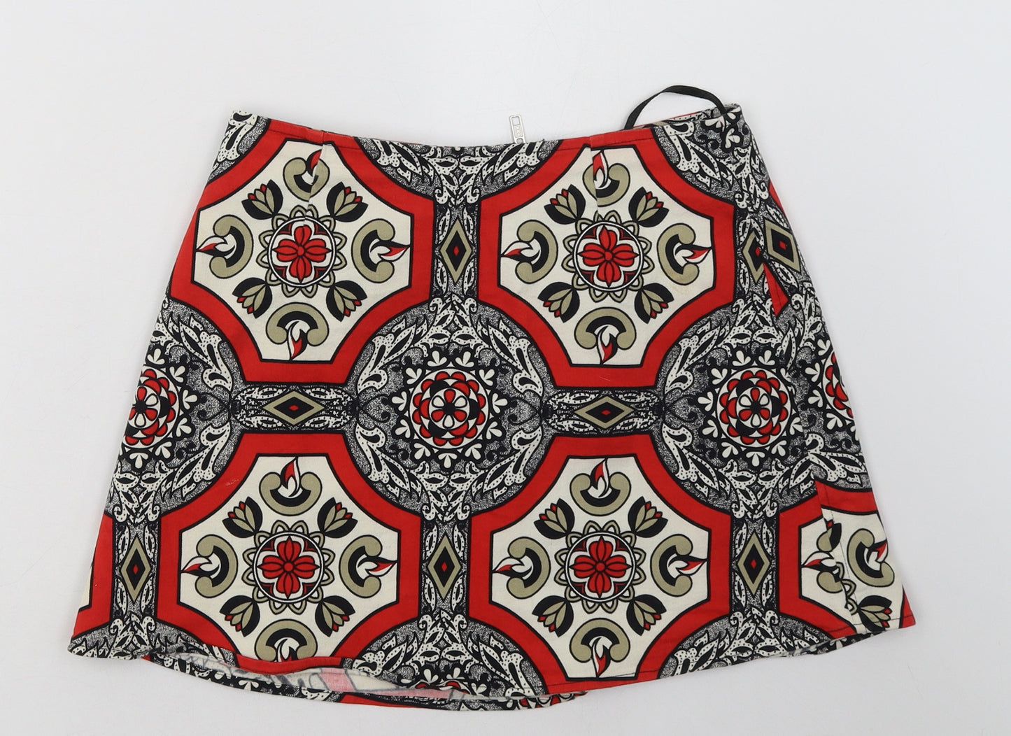 Preworn Womens Red Geometric Cotton A-Line Skirt Size 28   Zip