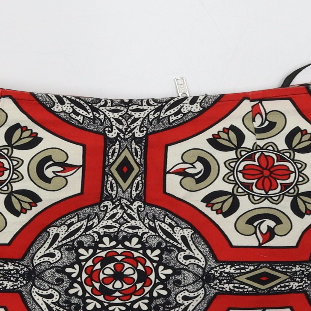 Preworn Womens Red Geometric Cotton A-Line Skirt Size 28   Zip