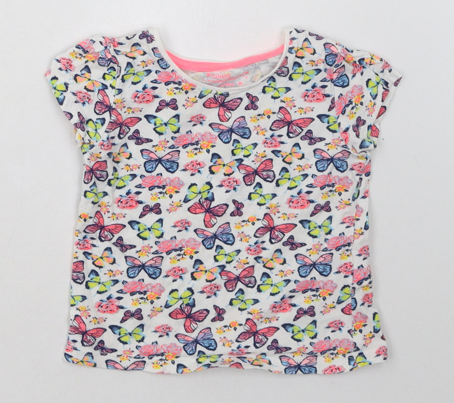 Young Dimension Girls Multicoloured Geometric Cotton Basic T-Shirt Size 2-3 Years Crew Neck Pullover - Butterfly Print
