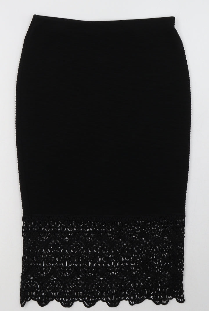 Primark Womens Black Polyester A-Line Skirt Size 6 - lace detail at the bottom