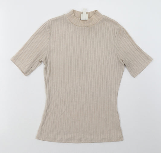 Front view of H&M women’s beige polyester basic t-shirt, size XS, crew neck