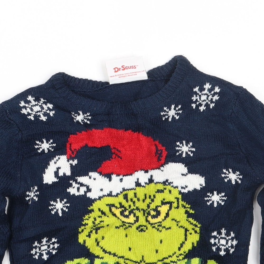 Primark Boys Blue Crew Neck  Acrylic Pullover Jumper Size 6-7 Years   - The Grinch