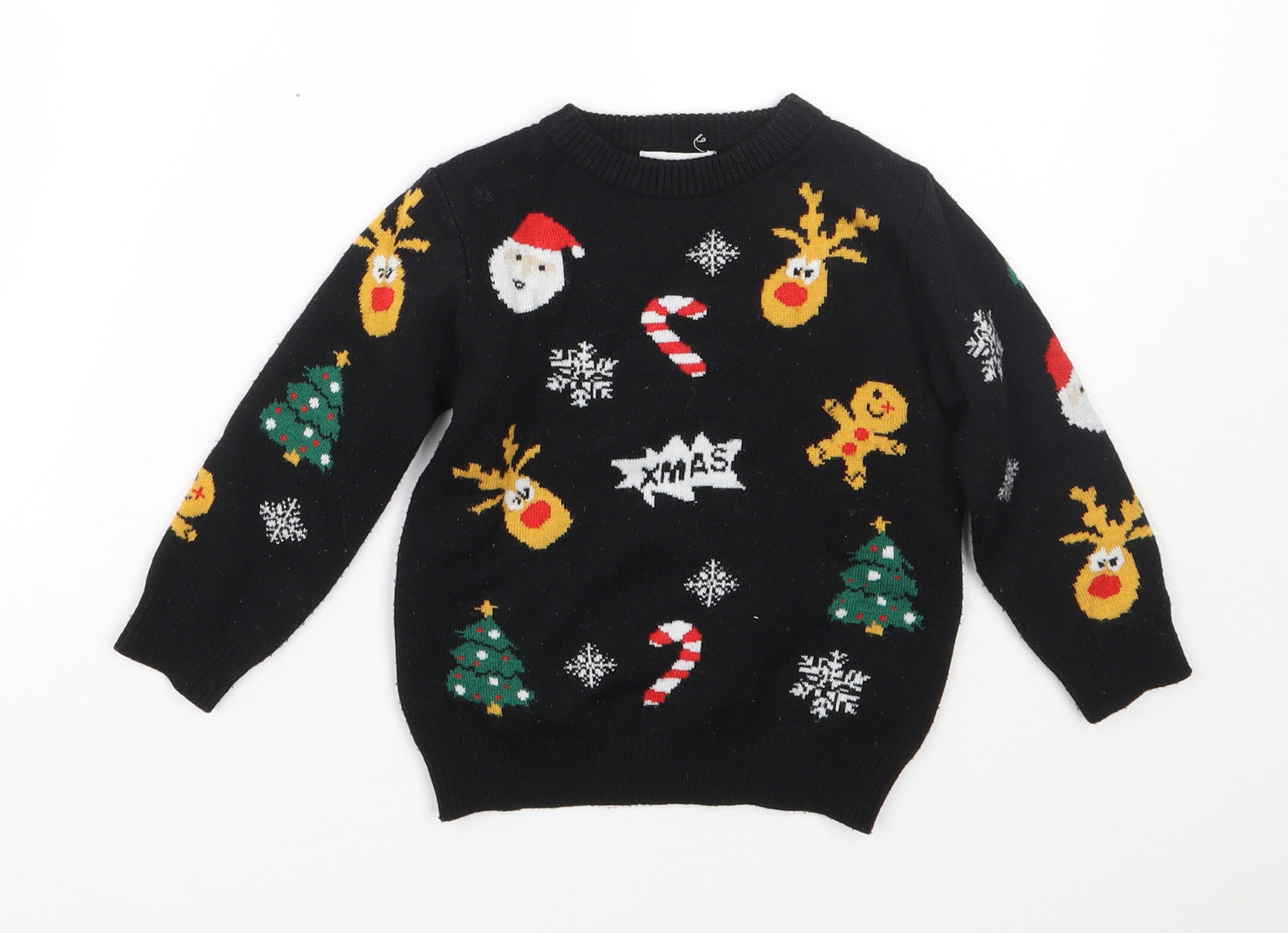 Primark Boys Black Crew Neck Spotted Acrylic Pullover Jumper Size 3-4 Years   - Christmas