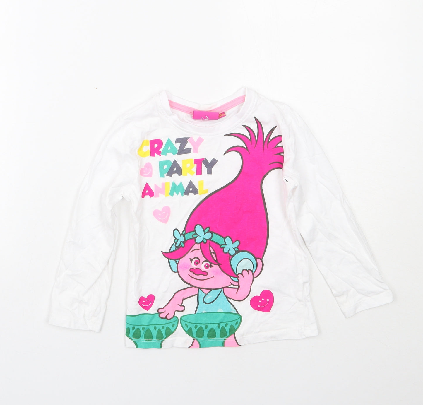 Dreamworks Girls White  Cotton Basic T-Shirt Size 4 Years Round Neck  - Trolls