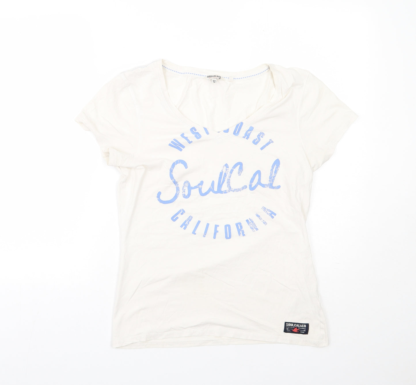 SoulCal&Co Womens White  Cotton Basic T-Shirt Size 12 V-Neck