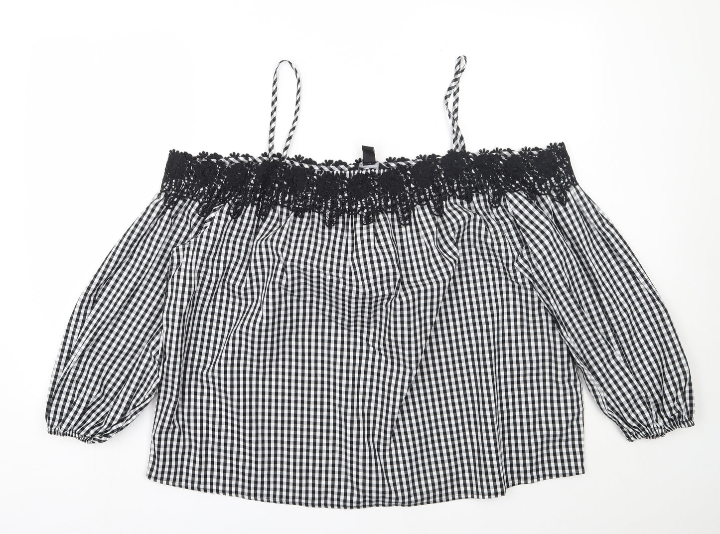 New Look Womens Black Check Cotton Cropped Blouse Size 18 Off the Shoulder