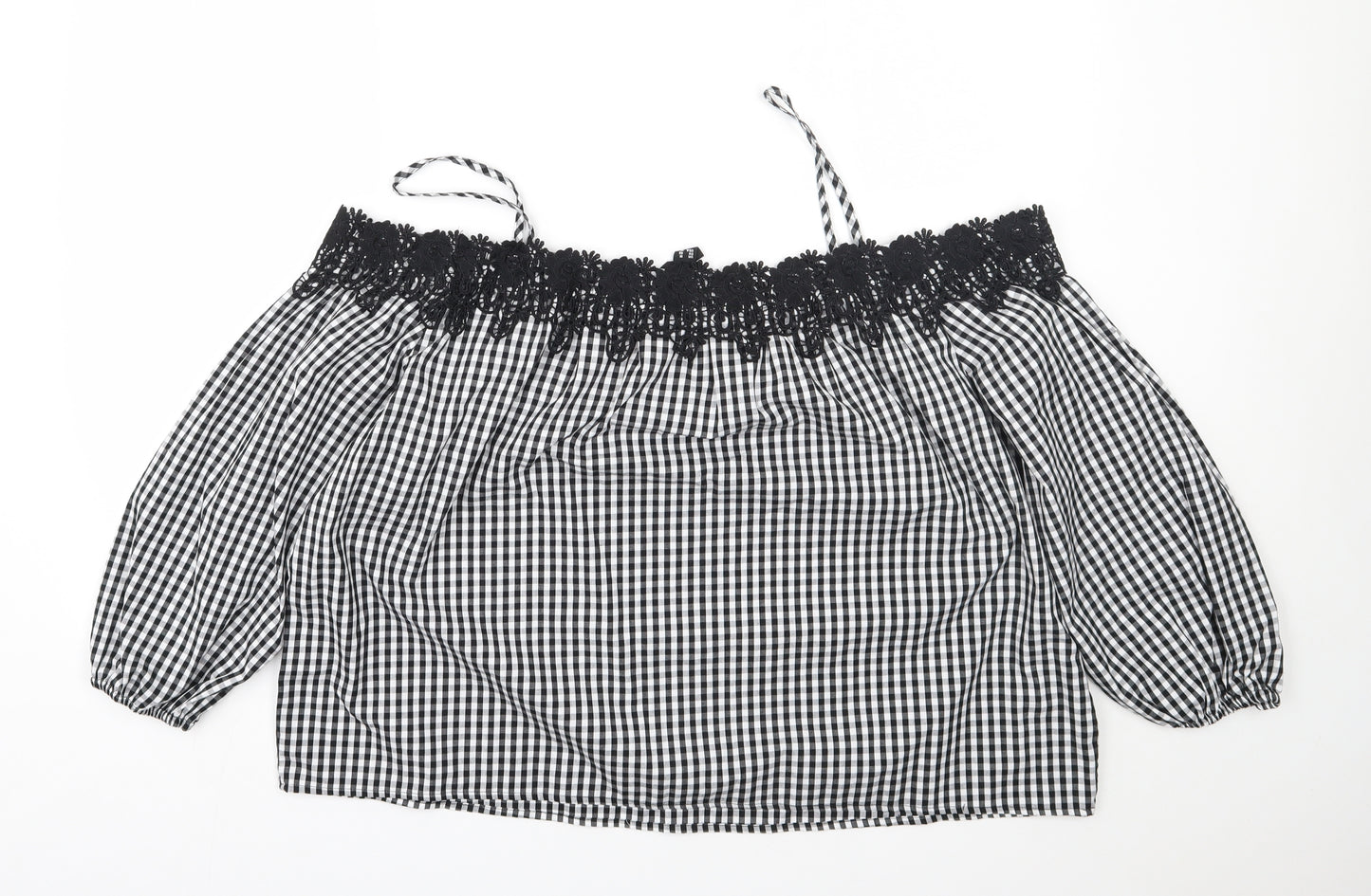 New Look Womens Black Check Cotton Cropped Blouse Size 18 Off the Shoulder