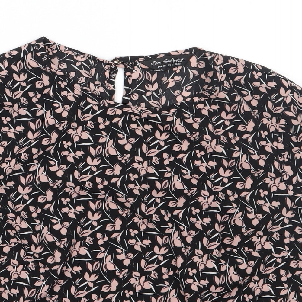 Miss Selfridge Womens Black Floral Polyester Basic Blouse Size 10 Round Neck