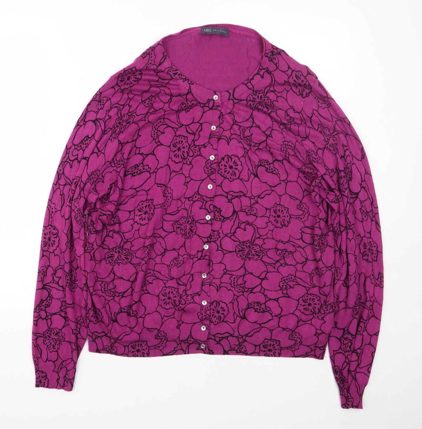 M&S Womens Purple Round Neck Floral Viscose Cardigan Jumper Size 20
