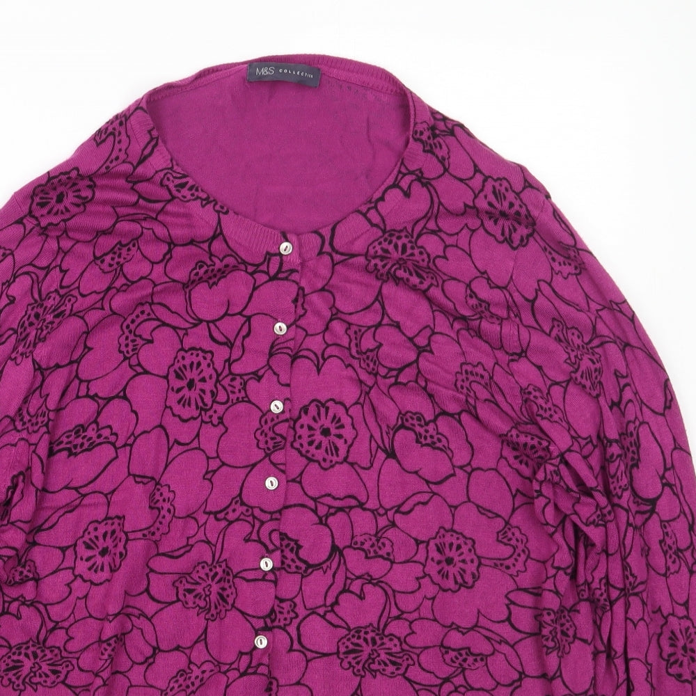 M&S Womens Purple Round Neck Floral Viscose Cardigan Jumper Size 20