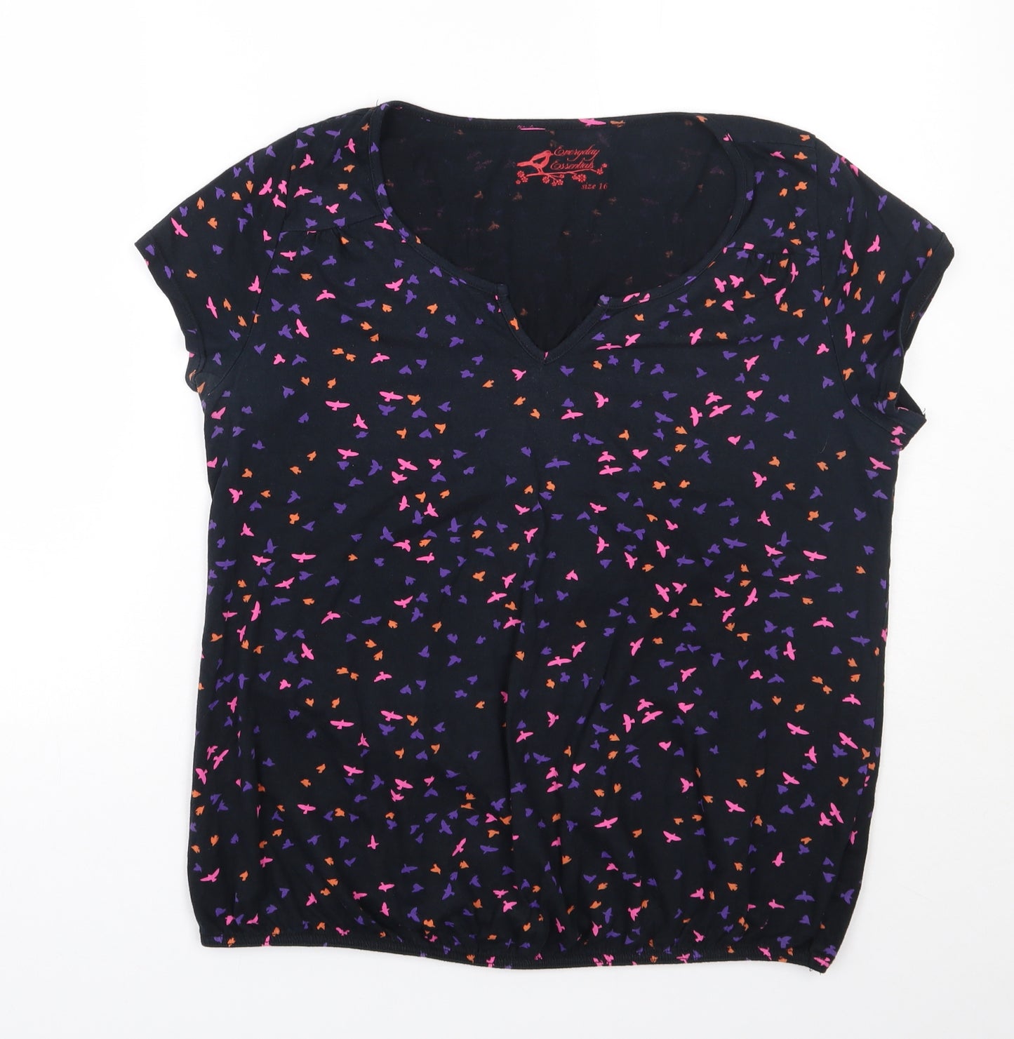 Everyday Essentials Womens Black Polka Dot Cotton Basic T-Shirt Size 16 Round Neck