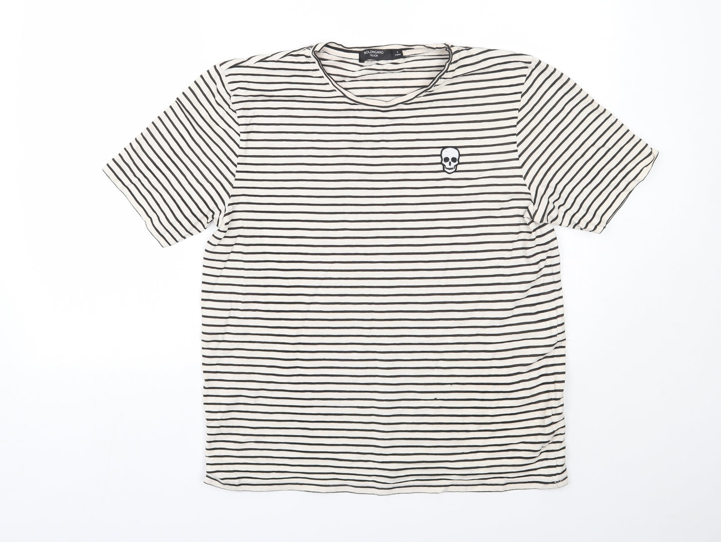 Bolongaro Mens White Striped Cotton  T-Shirt Size S Round Neck  - Skull