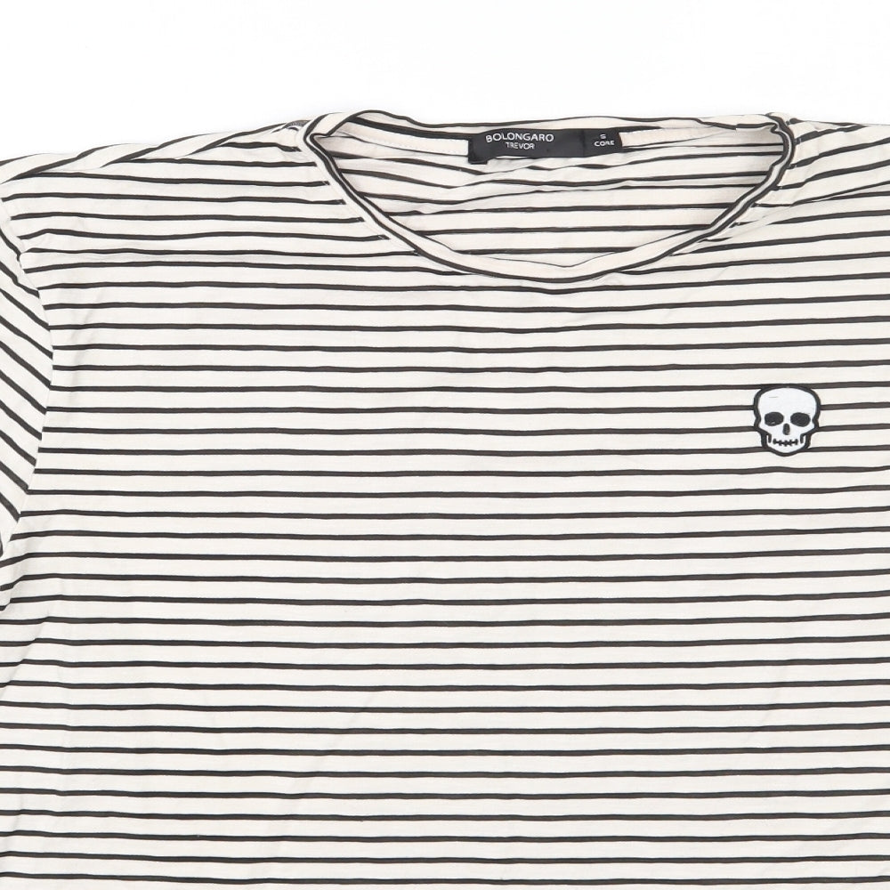 Bolongaro Mens White Striped Cotton  T-Shirt Size S Round Neck  - Skull