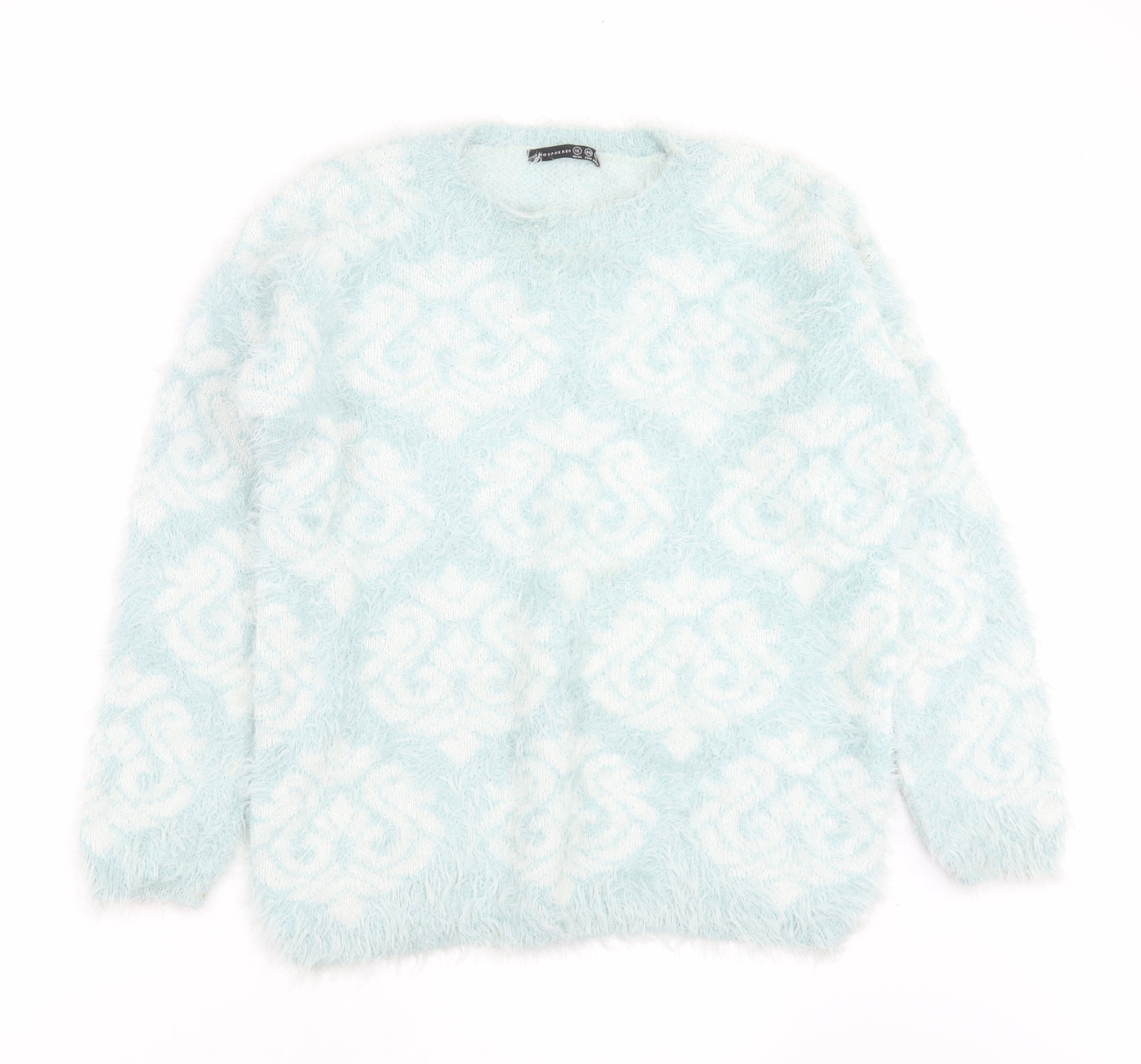 Primark Womens Green Round Neck Geometric Nylon Pullover Jumper Size 12   - fluffy
