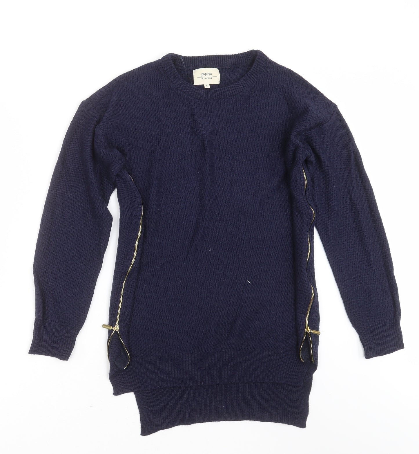 Papaya Womens Blue Round Neck  Acrylic Pullover Jumper Size S   - zip sides