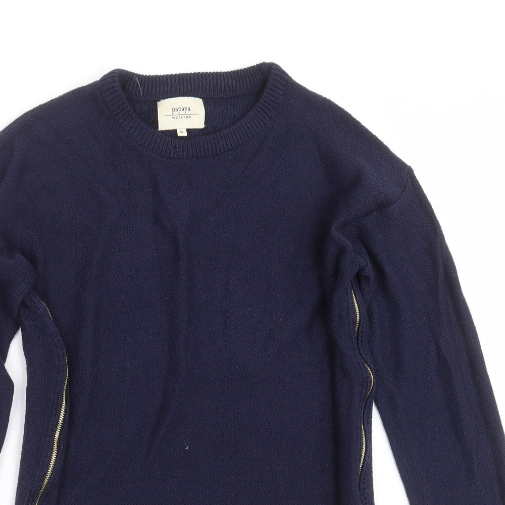 Papaya Womens Blue Round Neck  Acrylic Pullover Jumper Size S   - zip sides