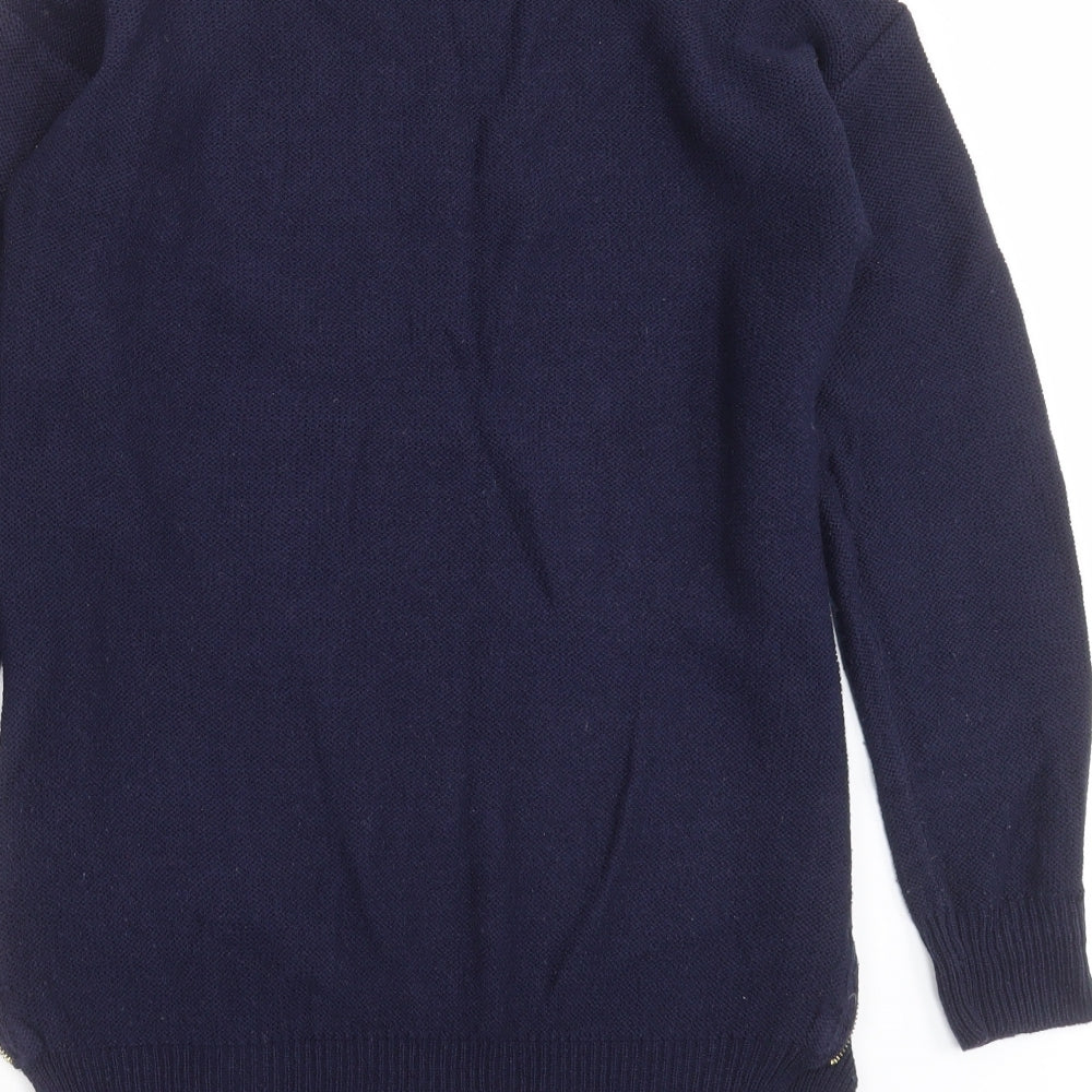 Papaya Womens Blue Round Neck  Acrylic Pullover Jumper Size S   - zip sides