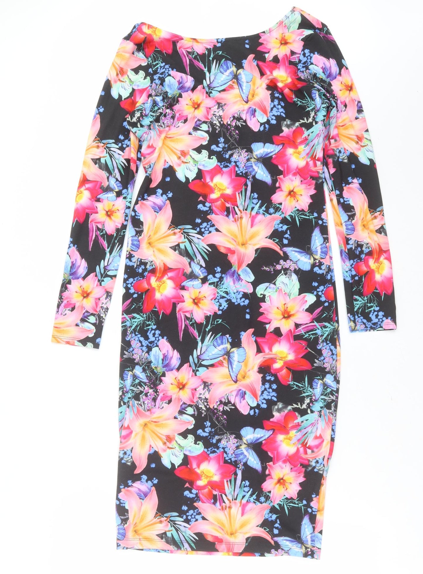 Lipsy Womens Multicoloured Floral Polyester Bodycon  Size 12  Round Neck
