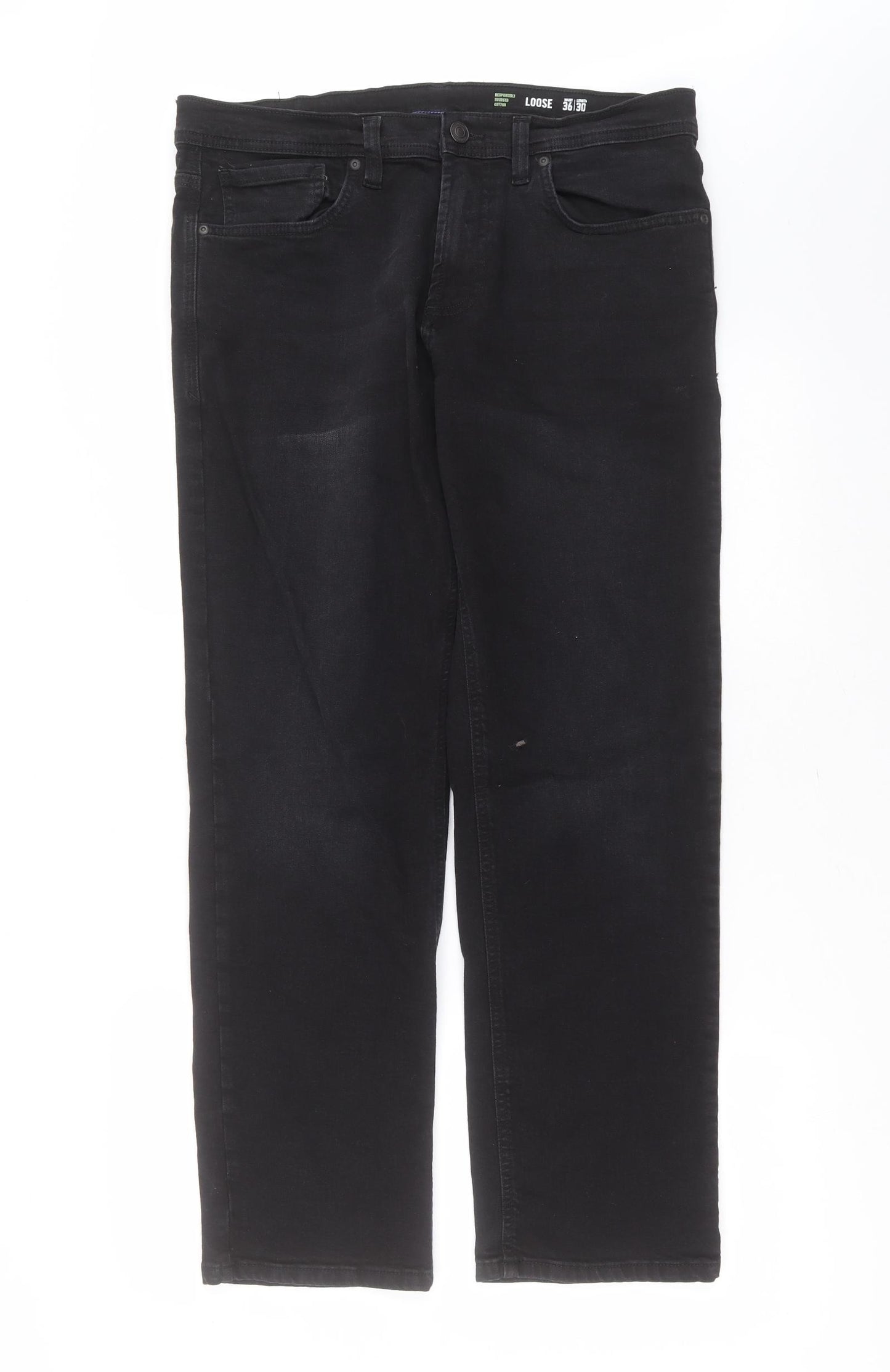 F&F Mens Black  Cotton Straight Jeans Size 36 in L30 in Relaxed Zip - Loose Fit