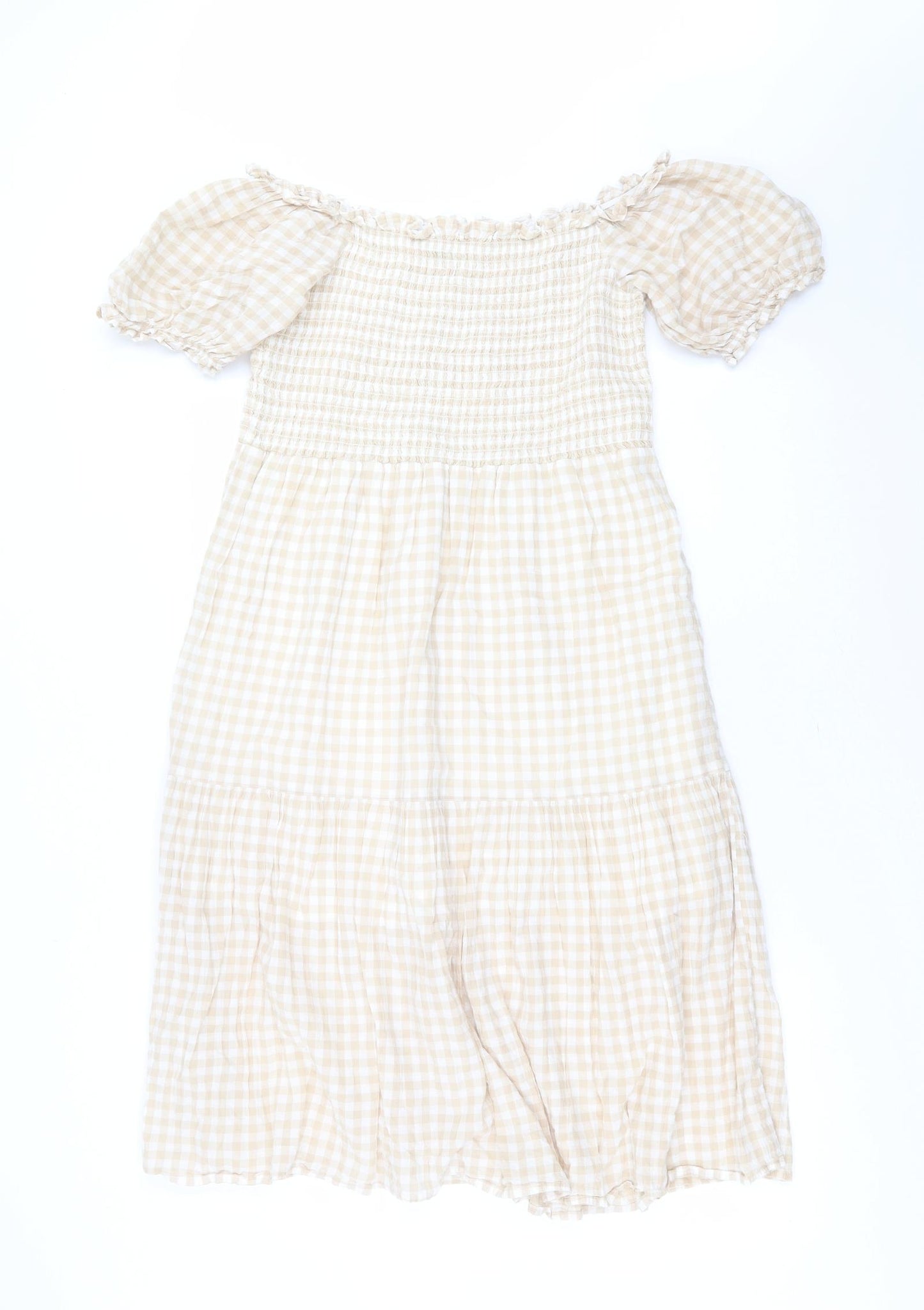 Primark Womens Beige Check Cotton A-Line  Size 14  Square Neck