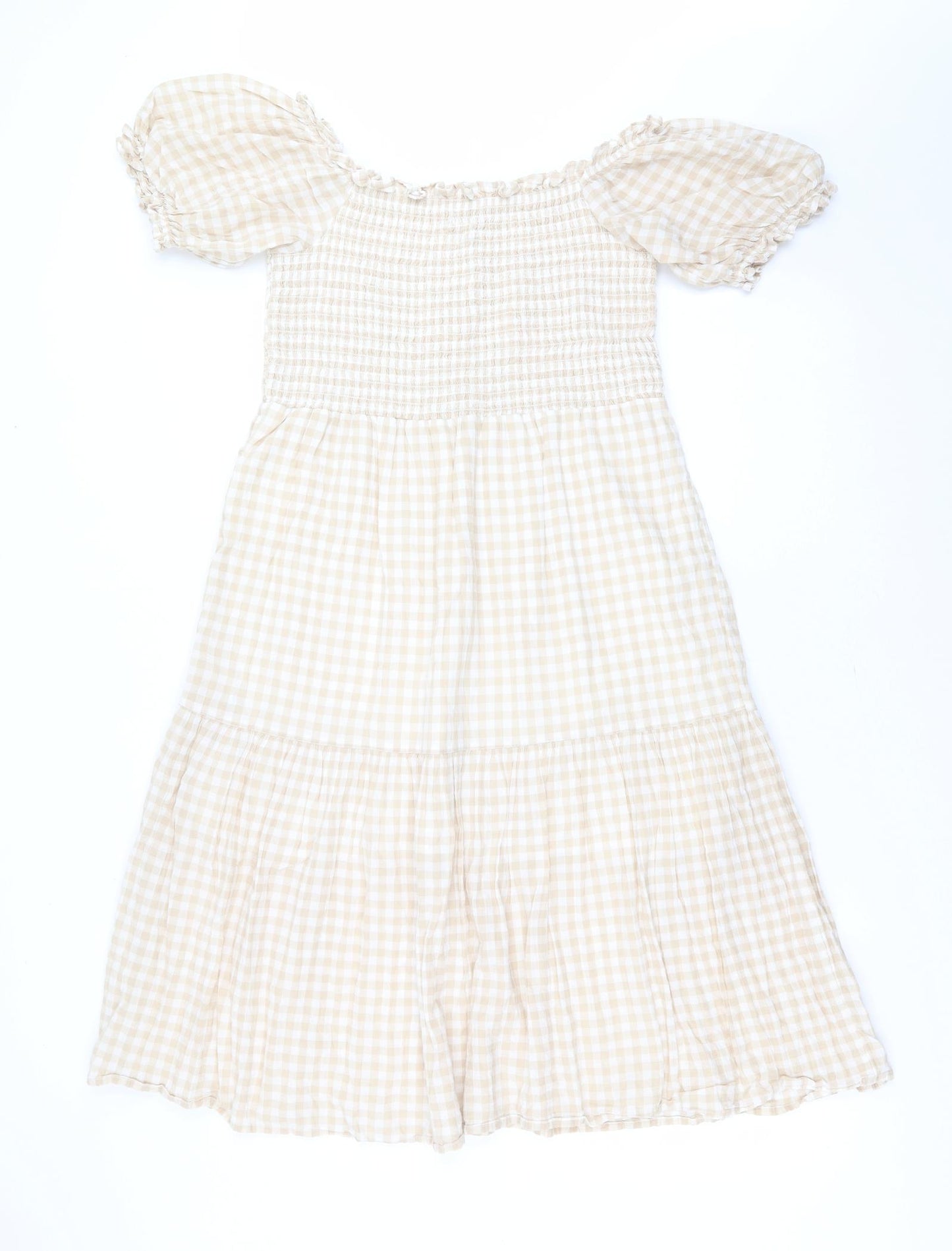 Primark Womens Beige Check Cotton A-Line  Size 14  Square Neck