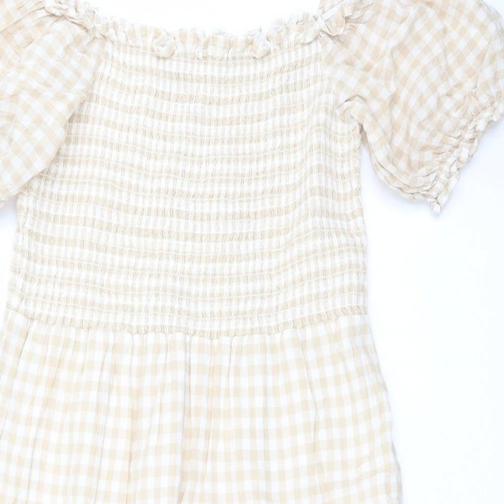 Primark Womens Beige Check Cotton A-Line  Size 14  Square Neck