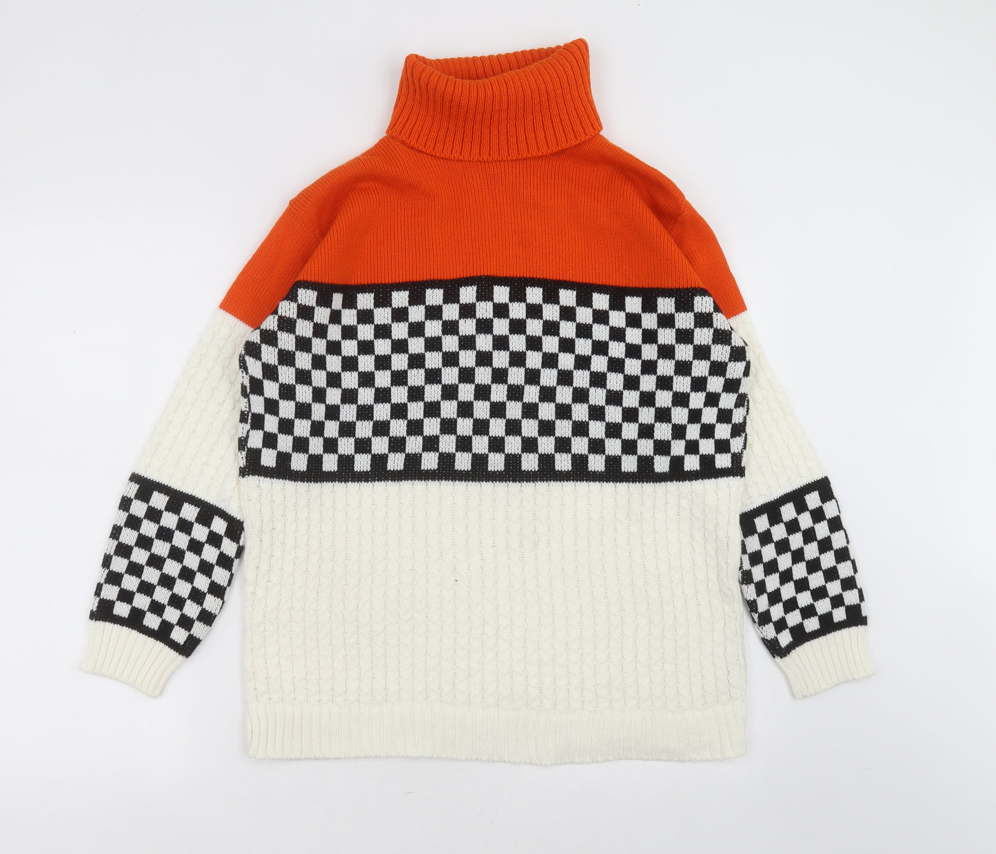 Boohoo Womens Ivory Roll Neck Check Acrylic Pullover Jumper Size L
