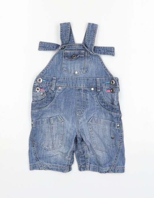 Front view of Next girls’ blue cotton dungaree one-piece, size 12-18, months