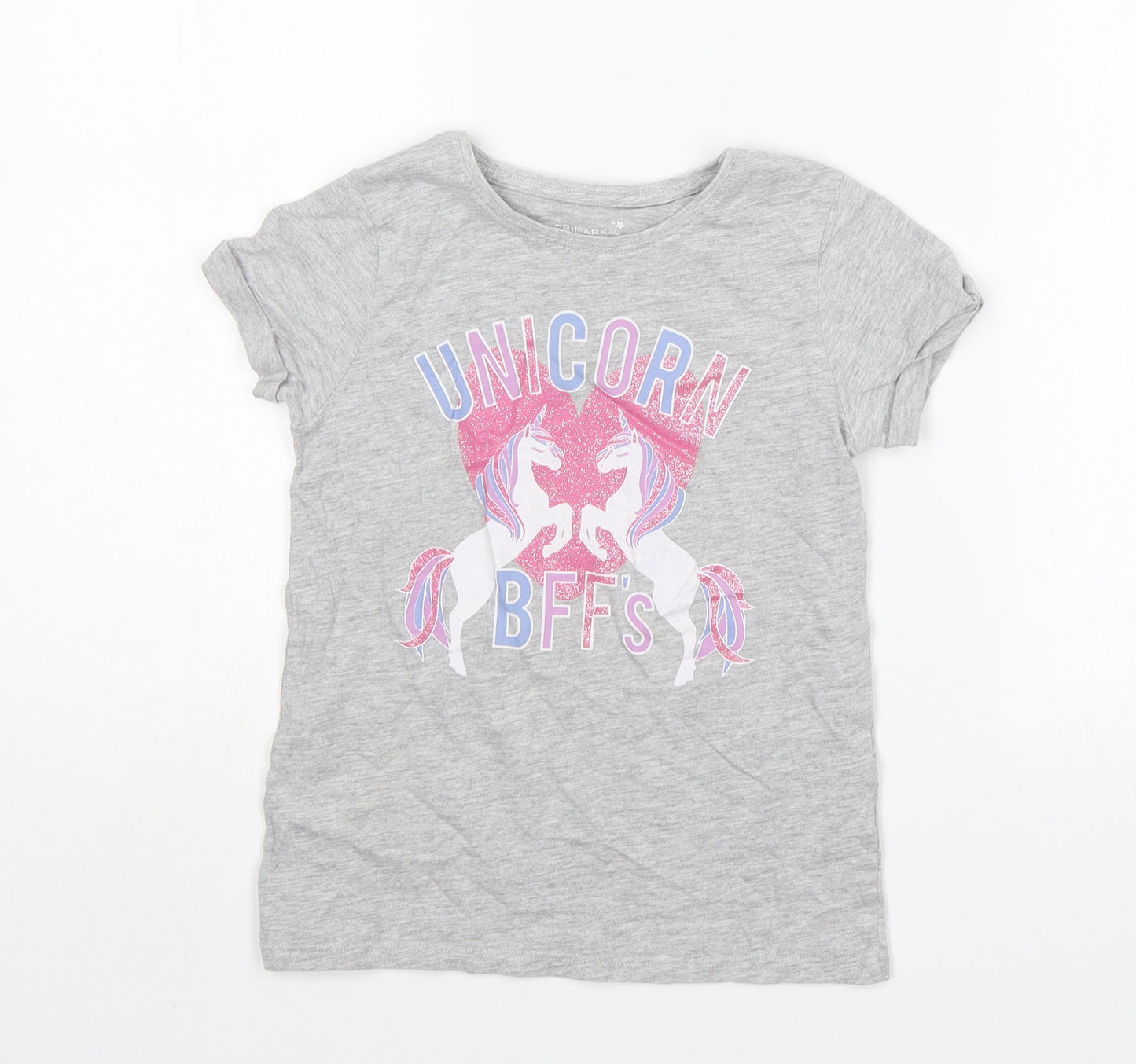 Primark Girls Grey  Cotton Basic T-Shirt Size 9-10 Years Round Neck  - Unicorn
