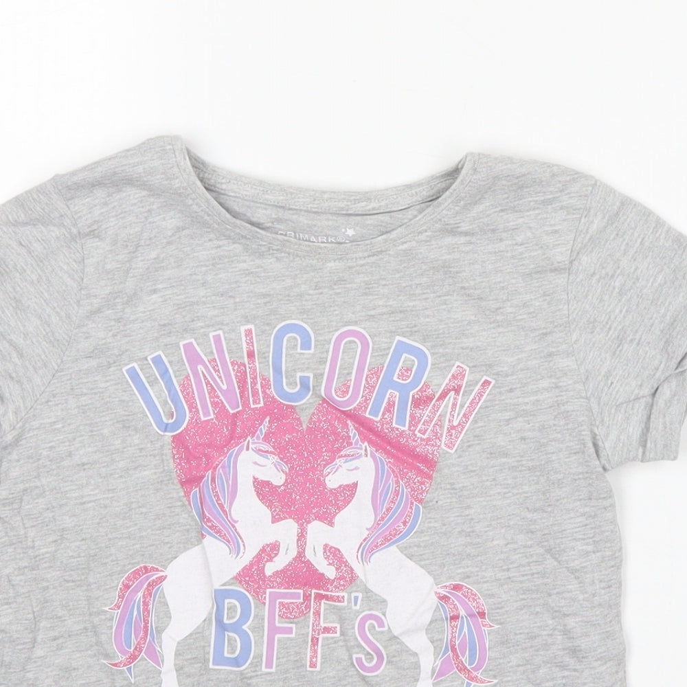 Primark Girls Grey  Cotton Basic T-Shirt Size 9-10 Years Round Neck  - Unicorn