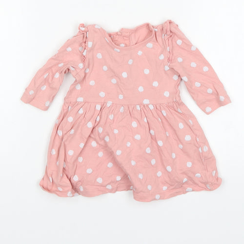 Matalan Girls Pink Polka Dot Cotton A-Line  Size 3-6 Months  Round Neck