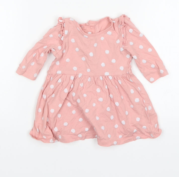 Matalan Girls Pink Polka Dot Cotton A-Line Size 3-6 Months Round Neck