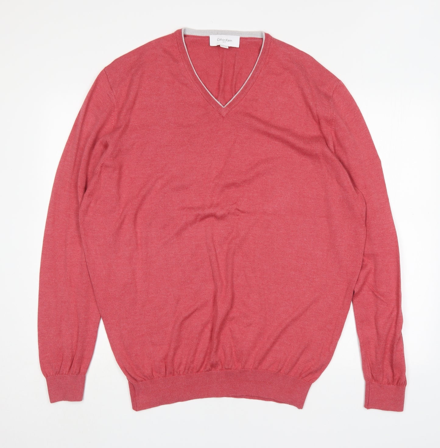 Calvin Klein  Mens Pink V-Neck  Cotton Pullover Jumper Size 2XL