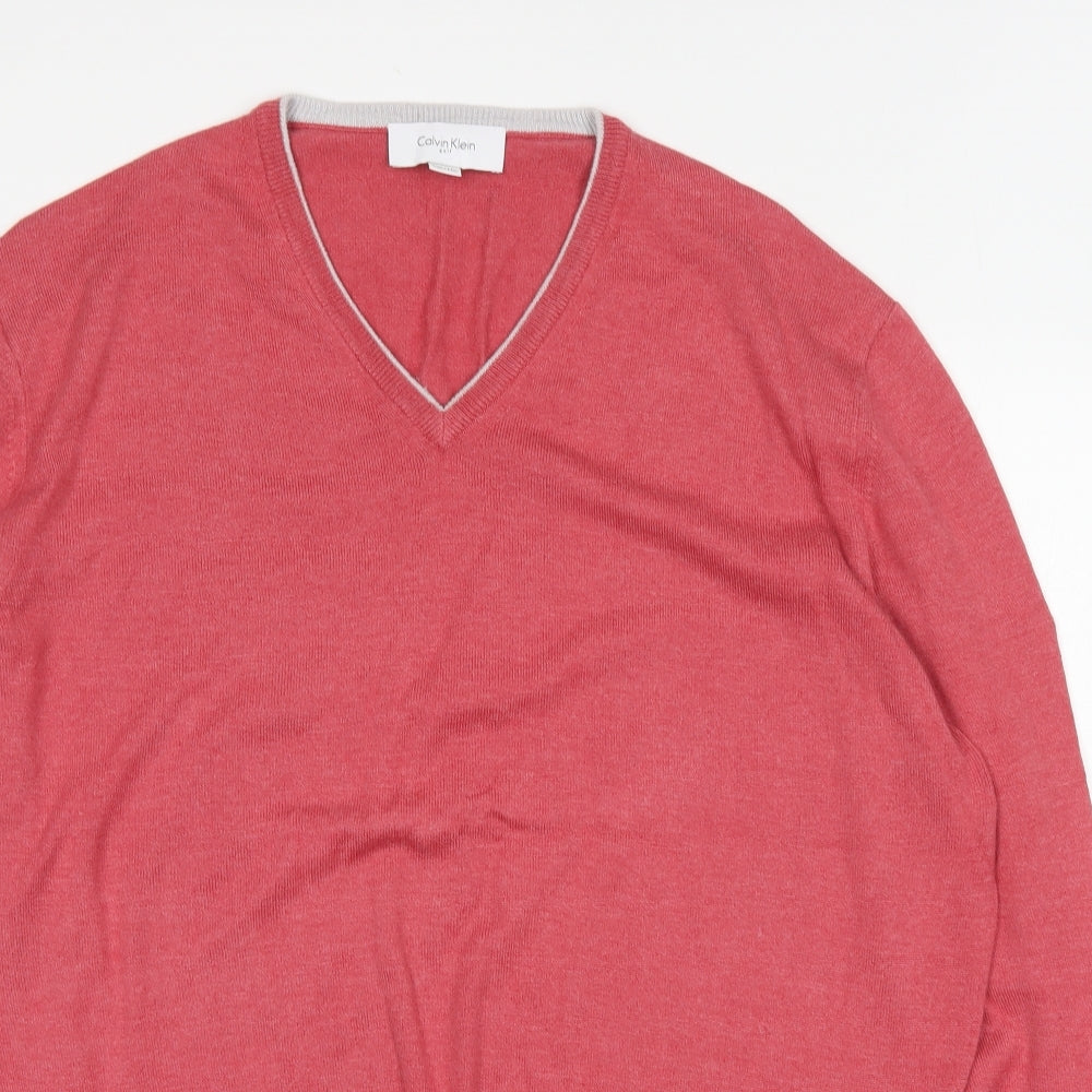 Calvin Klein  Mens Pink V-Neck  Cotton Pullover Jumper Size 2XL