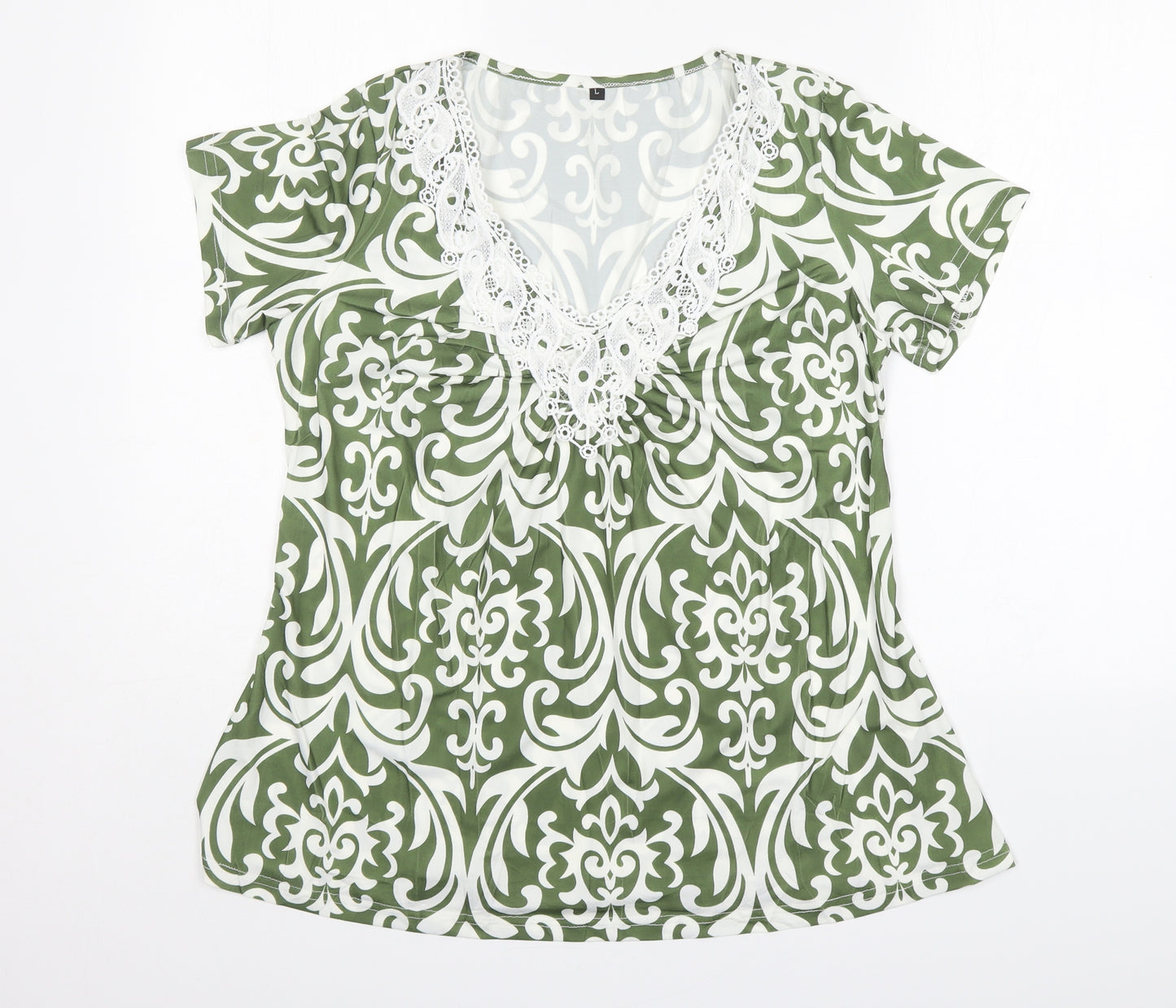 Preworn Womens Multicoloured Floral Polyester Basic T-Shirt Size L V-Neck