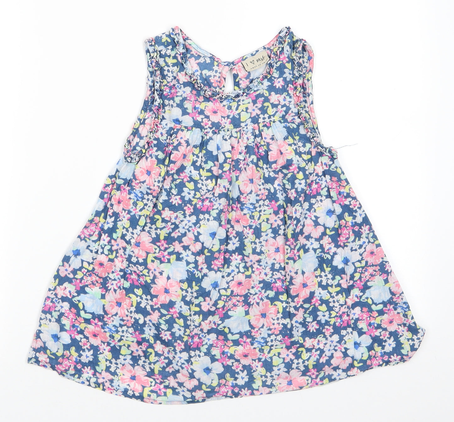 NEXT Girls Blue Floral Cotton A-Line  Size 8 Years  Round Neck Button - Pink Blue White Flowers Fluted Neck & Arms