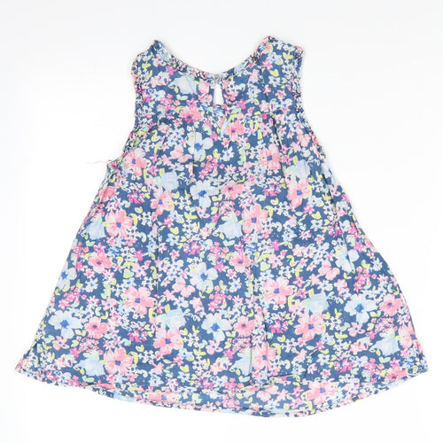 NEXT Girls Blue Floral Cotton A-Line  Size 8 Years  Round Neck Button - Pink Blue White Flowers Fluted Neck & Arms