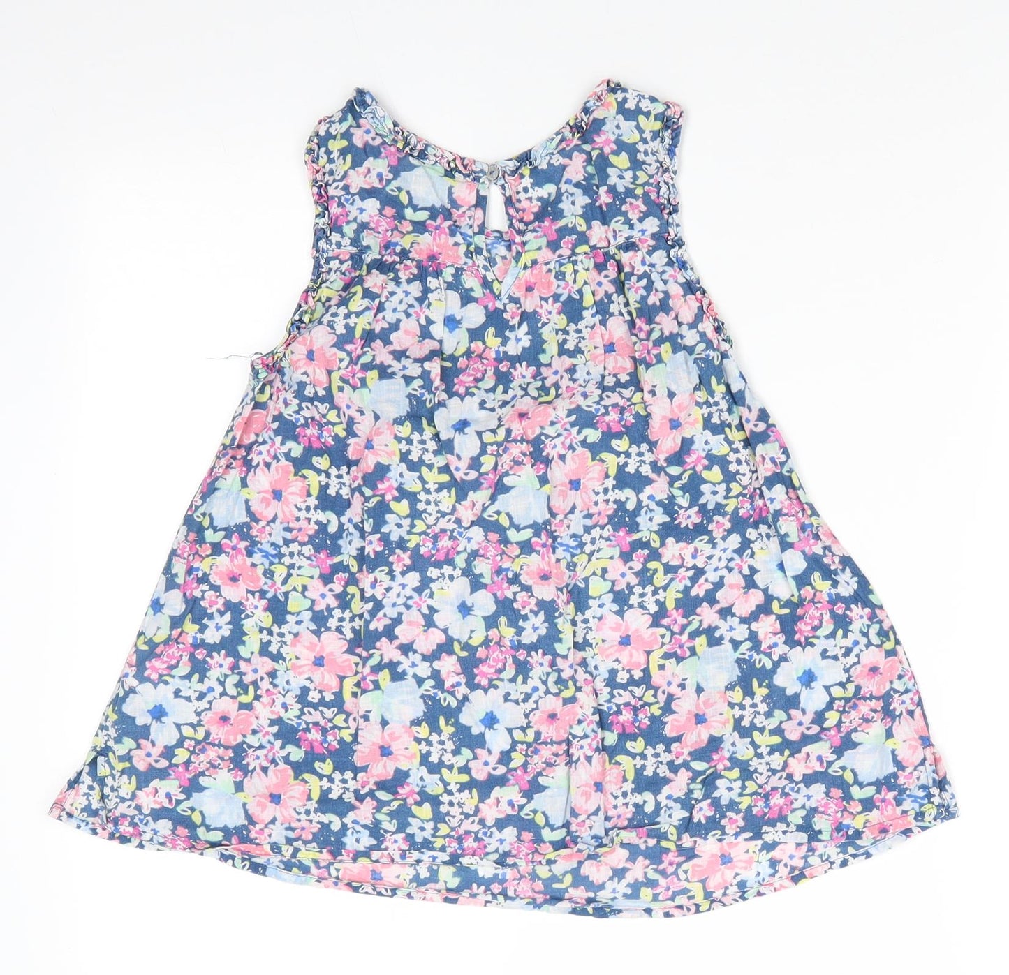 NEXT Girls Blue Floral Cotton A-Line  Size 8 Years  Round Neck Button - Pink Blue White Flowers Fluted Neck & Arms