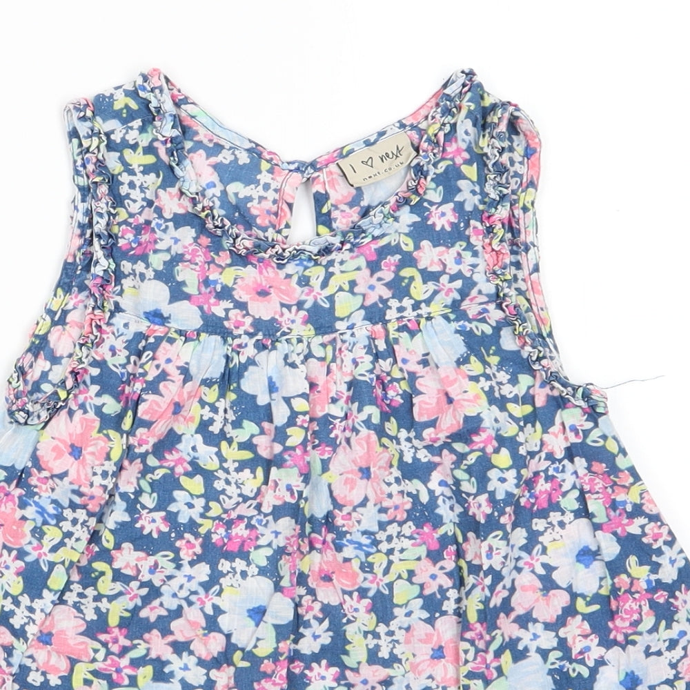 NEXT Girls Blue Floral Cotton A-Line  Size 8 Years  Round Neck Button - Pink Blue White Flowers Fluted Neck & Arms