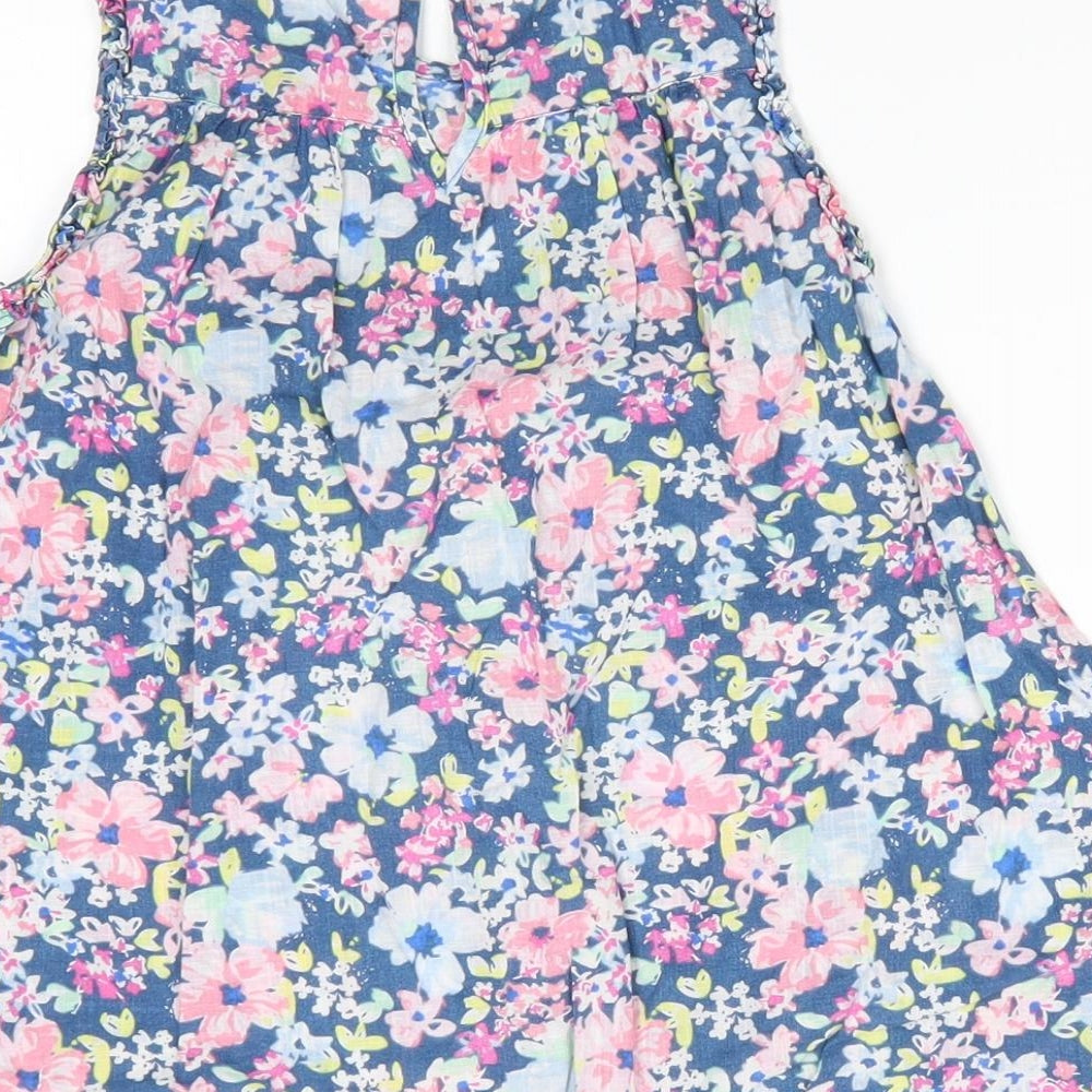 NEXT Girls Blue Floral Cotton A-Line  Size 8 Years  Round Neck Button - Pink Blue White Flowers Fluted Neck & Arms