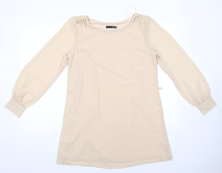 Atmosphere Womens Beige  Polyester Tunic Blouse Size 12 Round Neck - Metal like studs on shoulders Sheer arms