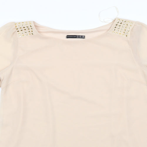 Atmosphere Womens Beige  Polyester Tunic Blouse Size 12 Round Neck - Metal like studs on shoulders Sheer arms
