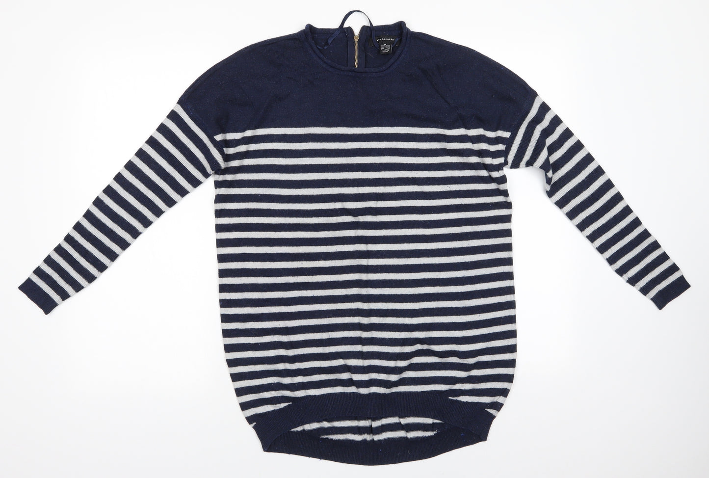 Atmosphere Womens Blue Round Neck Striped Cotton Pullover Jumper Size M   - Back Zip Navy & Grey Stripe