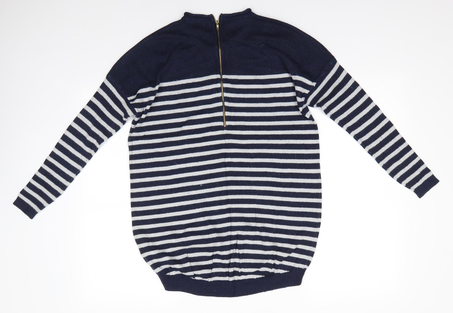 Atmosphere Womens Blue Round Neck Striped Cotton Pullover Jumper Size M   - Back Zip Navy & Grey Stripe