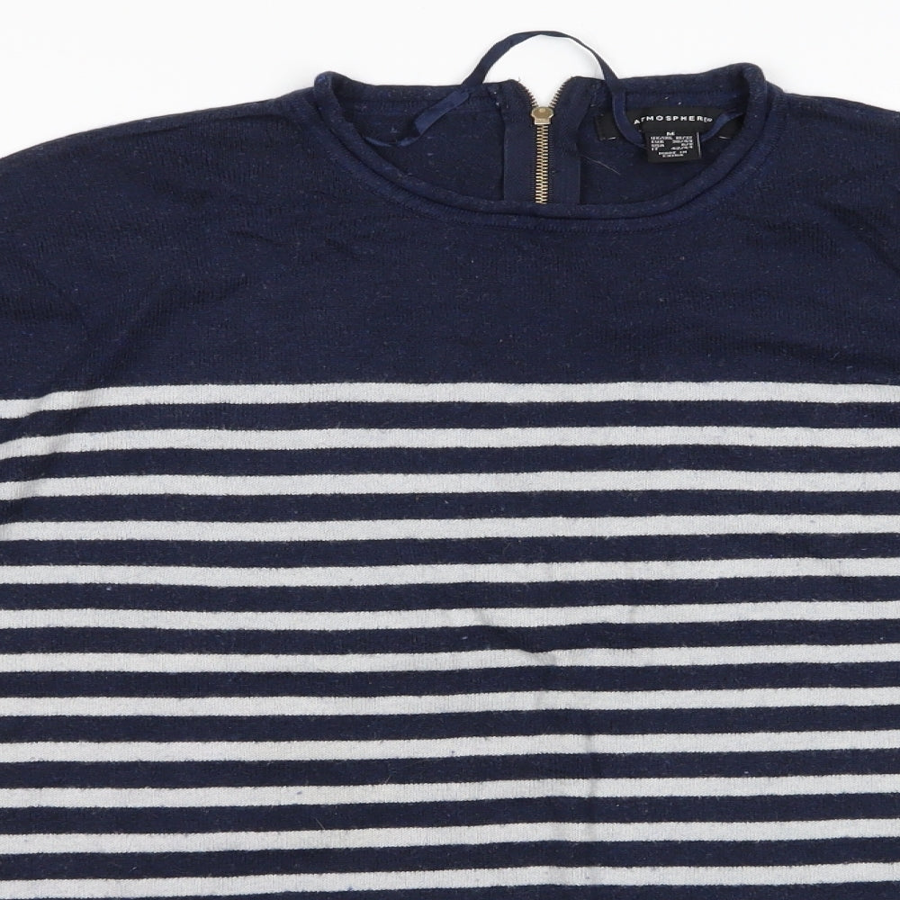 Atmosphere Womens Blue Round Neck Striped Cotton Pullover Jumper Size M   - Back Zip Navy & Grey Stripe