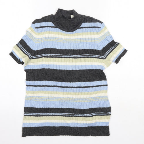 First Issue Womens Blue High Neck Striped Ramie Pullover Jumper Size S