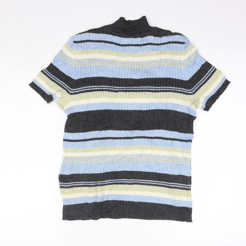 First Issue Womens Blue High Neck Striped Ramie Pullover Jumper Size S