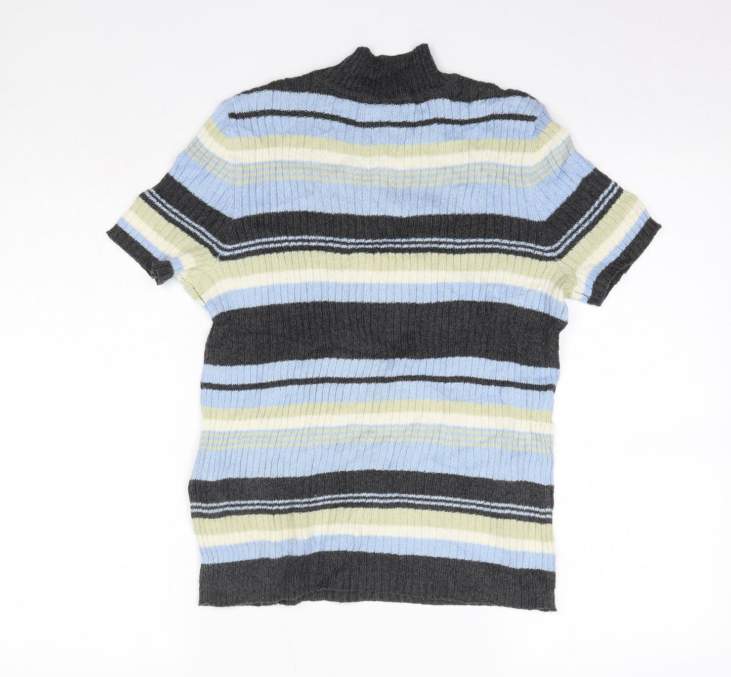 First Issue Womens Blue High Neck Striped Ramie Pullover Jumper Size S