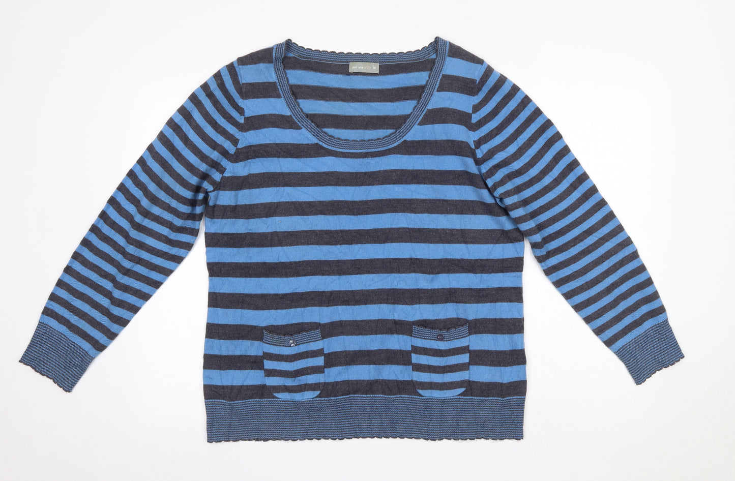 M&S Womens Blue Round Neck Striped Acrylic Pullover Jumper Size 18