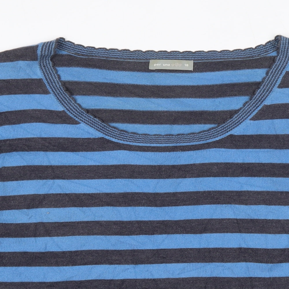 M&S Womens Blue Round Neck Striped Acrylic Pullover Jumper Size 18
